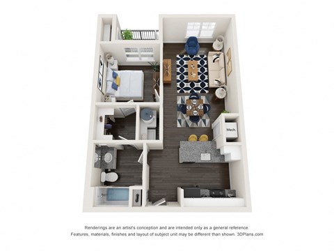 Floor plan for 1 bed, 1 bath, 656 sqft